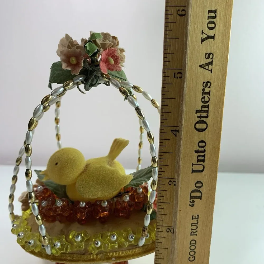 Vintage Beaded Push Pin Easter Basket 5.5” Tall Soap Beads Felt Chick Flowers